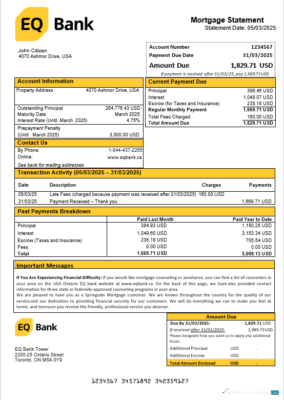 Download USA Ontario EQ bank mortgage statement in Word and PDF formats Photoshop template